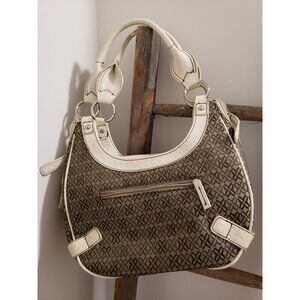 Luca Ferri Vintage Shoulder Bag: White Patent Leather, Brown Pattern